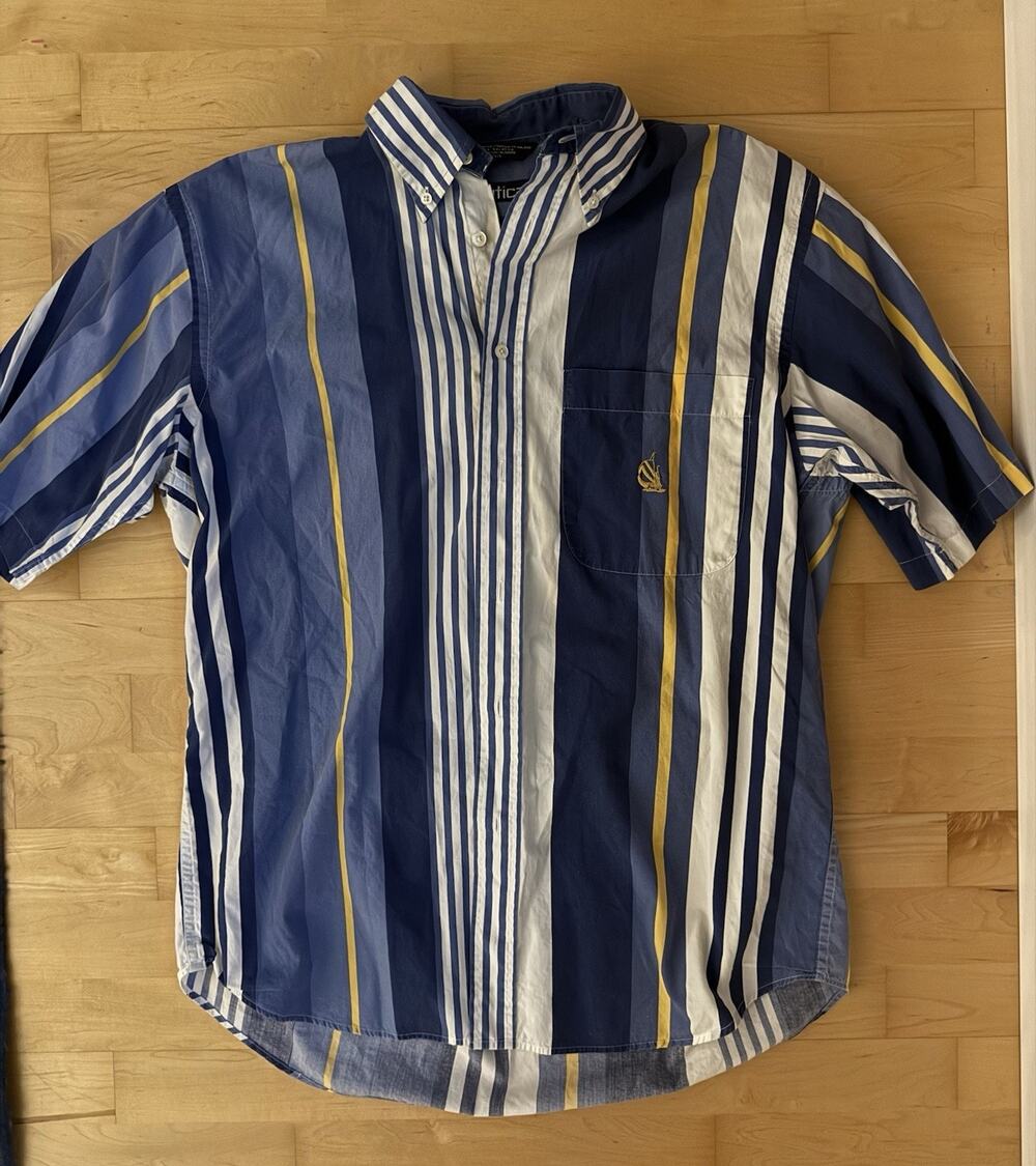 VTG Nautica Chaps Shirt Men's Blue Yellow Vertical Stripes Nautical Buttons M
